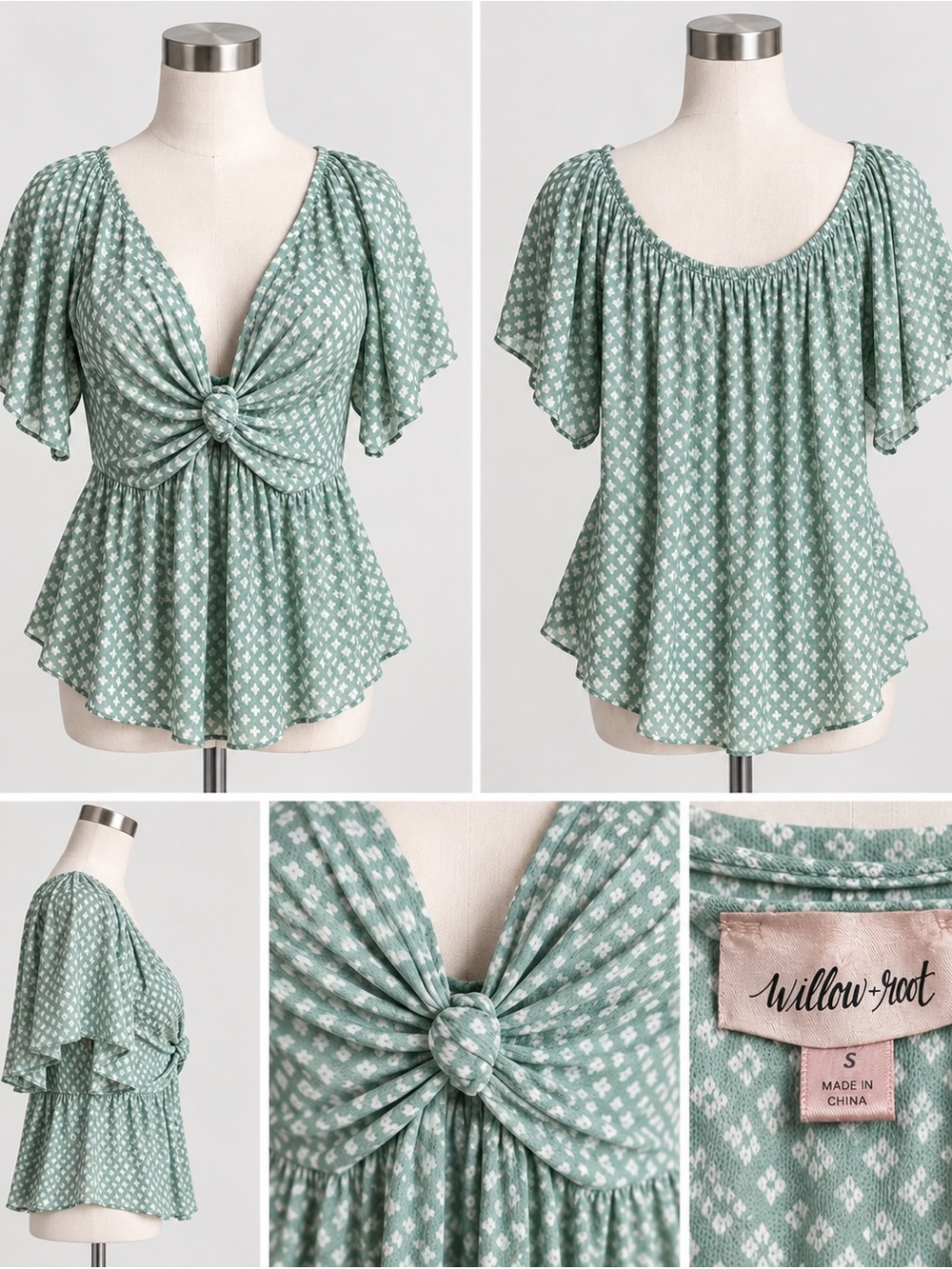 Willow + Root Small Sage Green Flutter Sleeve Twist Front Peplum Blouse Boho